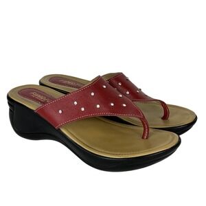 Y2k Wedge Thong Flip Flop Womens 9.5 Red Leather Studded Rhinestone 2000s Findig